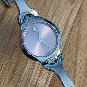 Movado bangle watch, pink face and diamonds